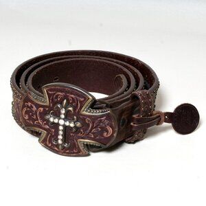 Mens Tony Lama Belt Size 42 Brown Hand Tooled Leather Belt C50585